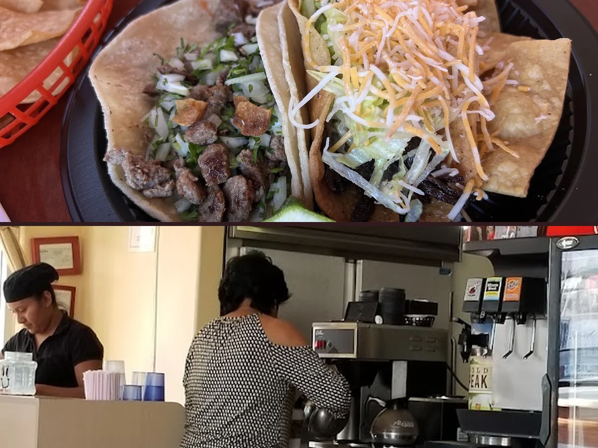 Counter-serve Mexican restaurant interior with simple seating.