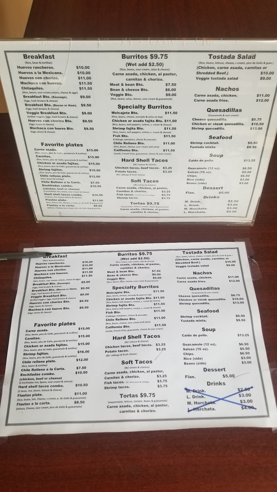 Food menu featuring breakfast plates and specialty burritos.
